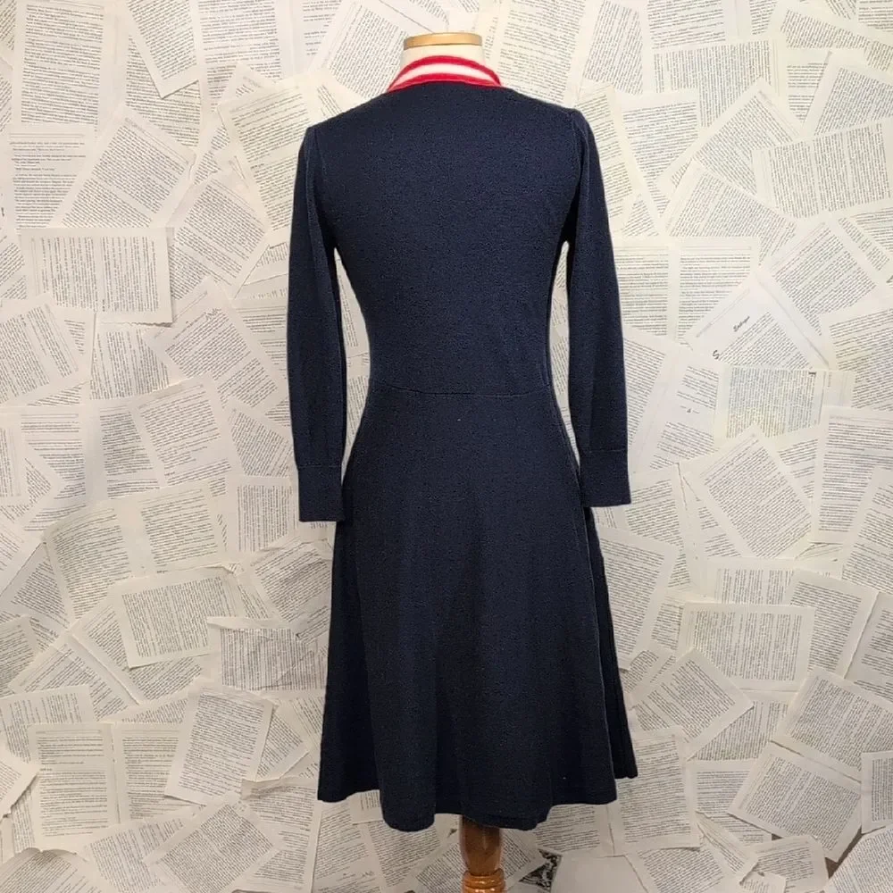 J Crew Naval Style Navy Dress with Red and White Bow Accent Size Small